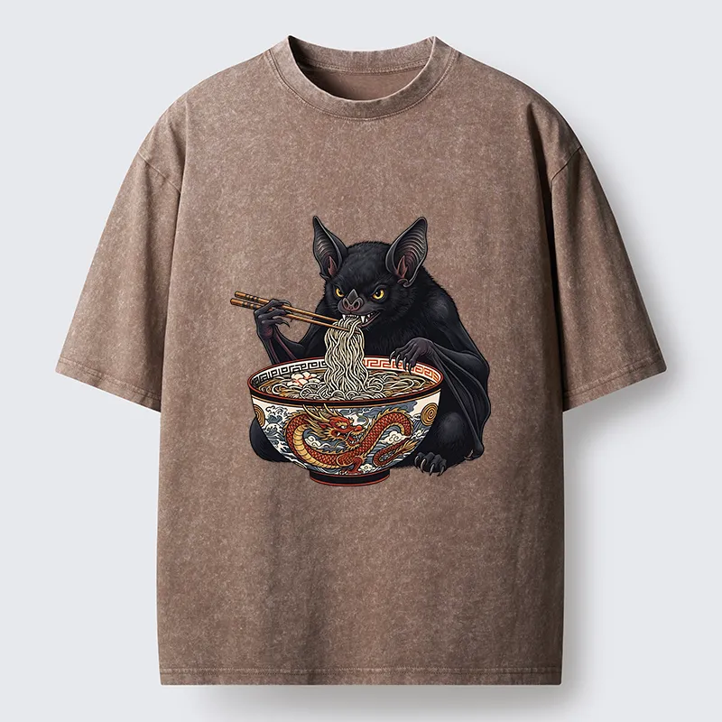 Tokyo-Tiger Bat Eating Ramen Washed T-Shirt