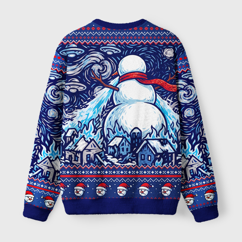 Tokyo-Tiger Starry Night Style Angry Snowman Laser Breath Fuzzy Christmas Ugly Sweatshirt
