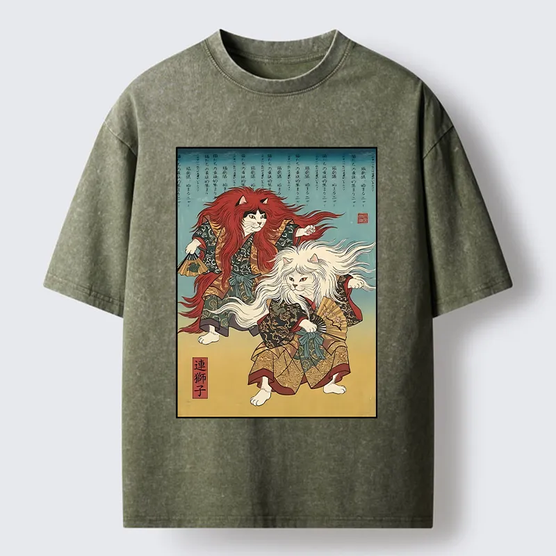 Tokyo-Tiger Traditional Japanese Kabuki Style Cat Art Washed T-Shirt