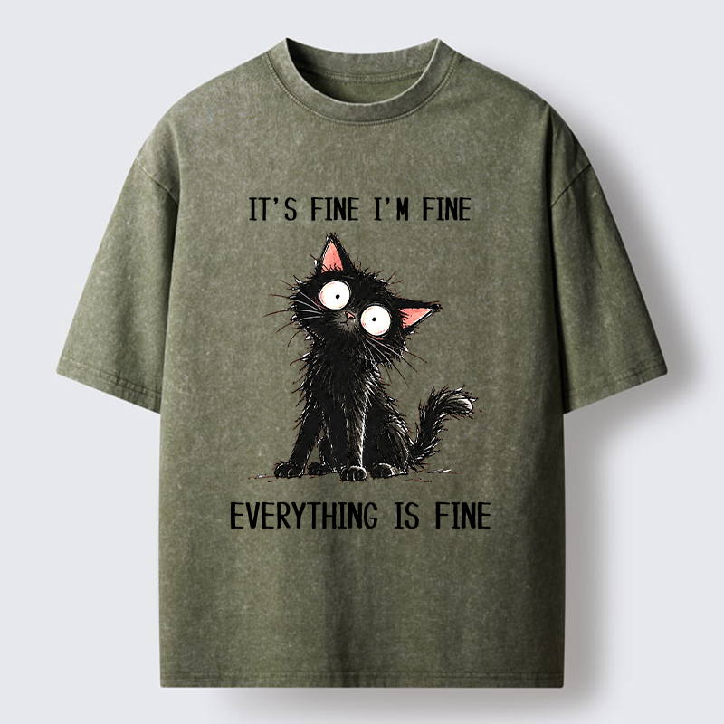 Tokyo-Tiger It's Fine Black Cat Meme Washed T-Shirt
