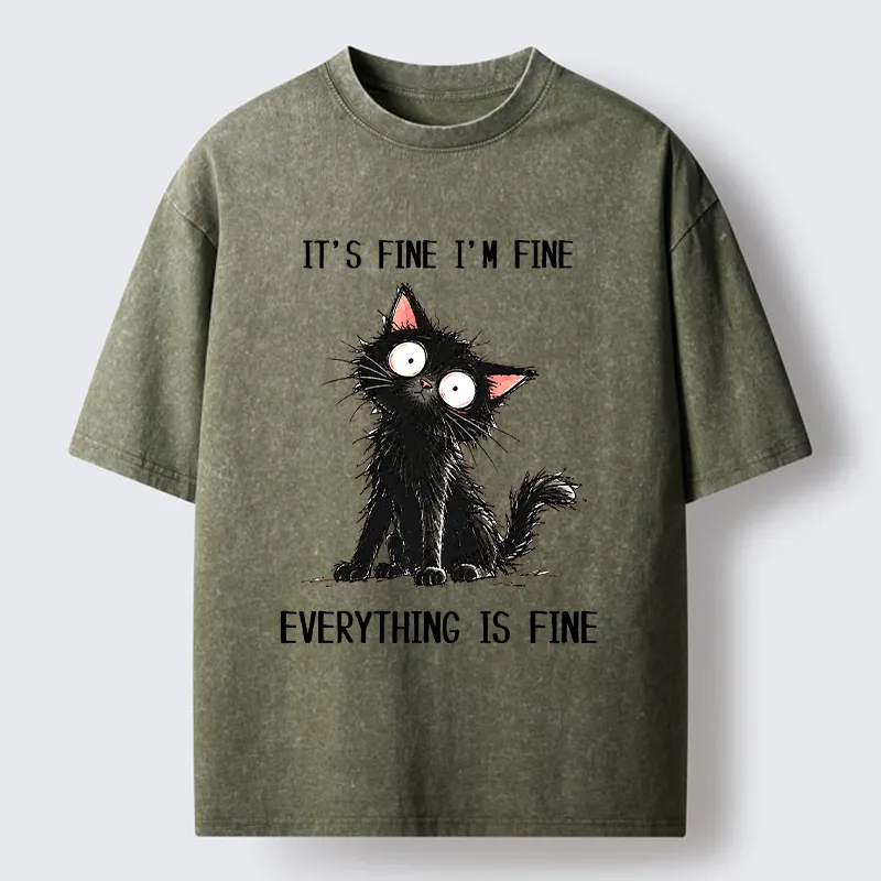 Tokyo-Tiger It's Fine Black Cat Meme Washed T-Shirt