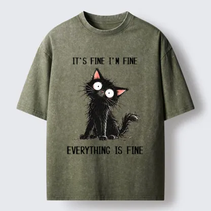 Tokyo-Tiger It's Fine Black Cat Meme Washed T-Shirt