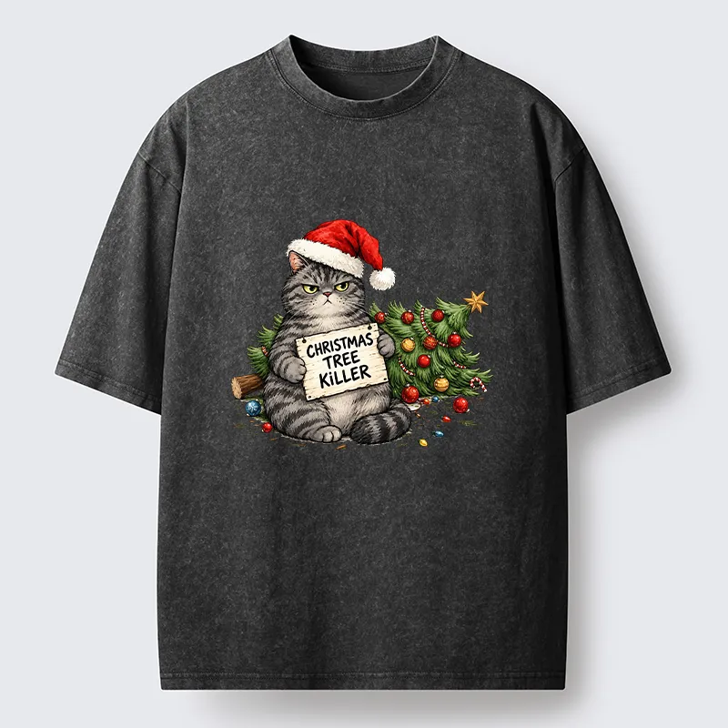 Tokyo-Tiger Playful Cat Messing With Christmas Tree Washed T-Shirt