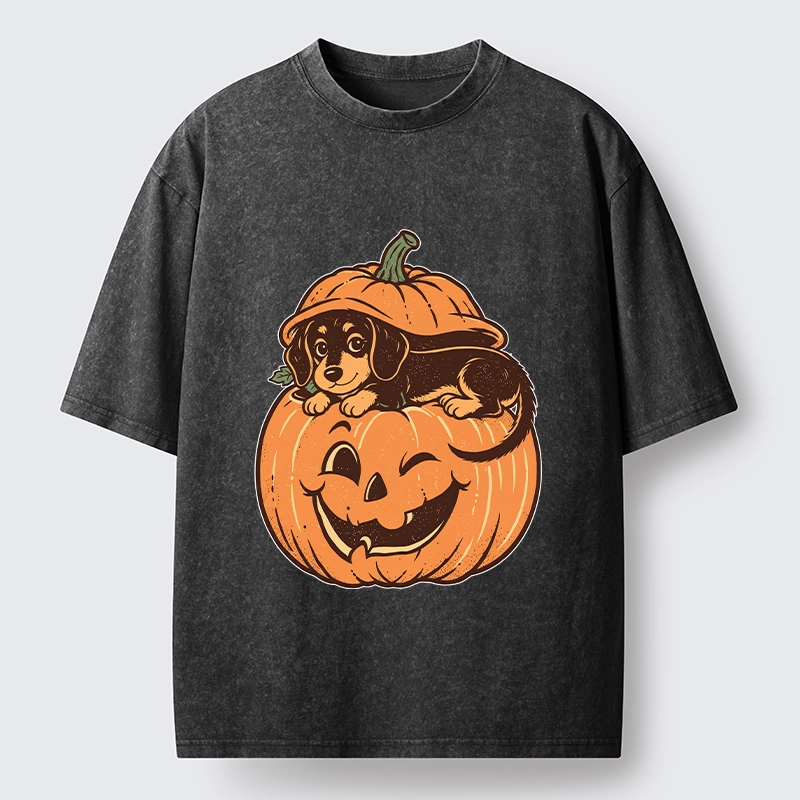 Tokyo‑Tiger Retro Pumpkin Dog Washed T‑Shirt
