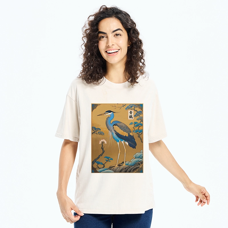 Tokyo-Tiger Golden Background Blue Heron Washed T-Shirt