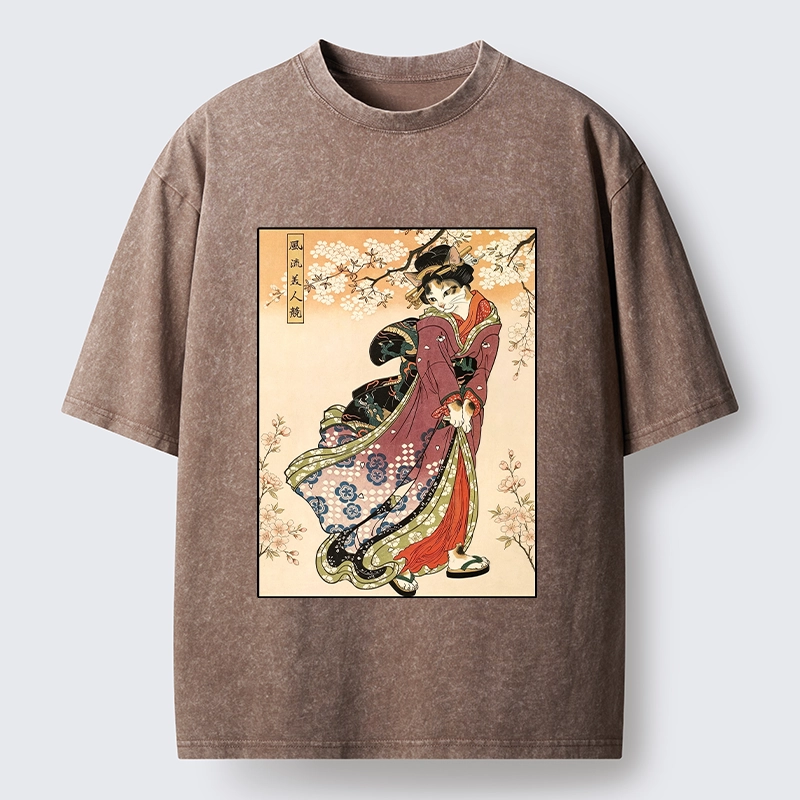 Tokyo‑Tiger Kimono Cat Art Washed T‑Shirt