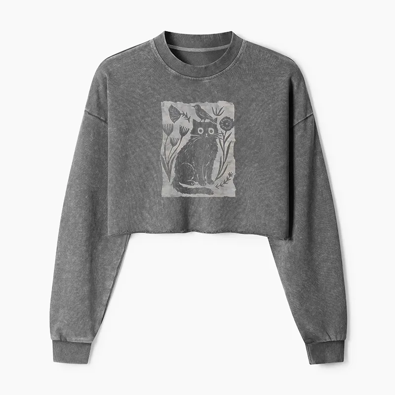 Tokyo-Tiger Folk Paper Cut Cat Bird Floral Art Washed Crop Sweatshirt