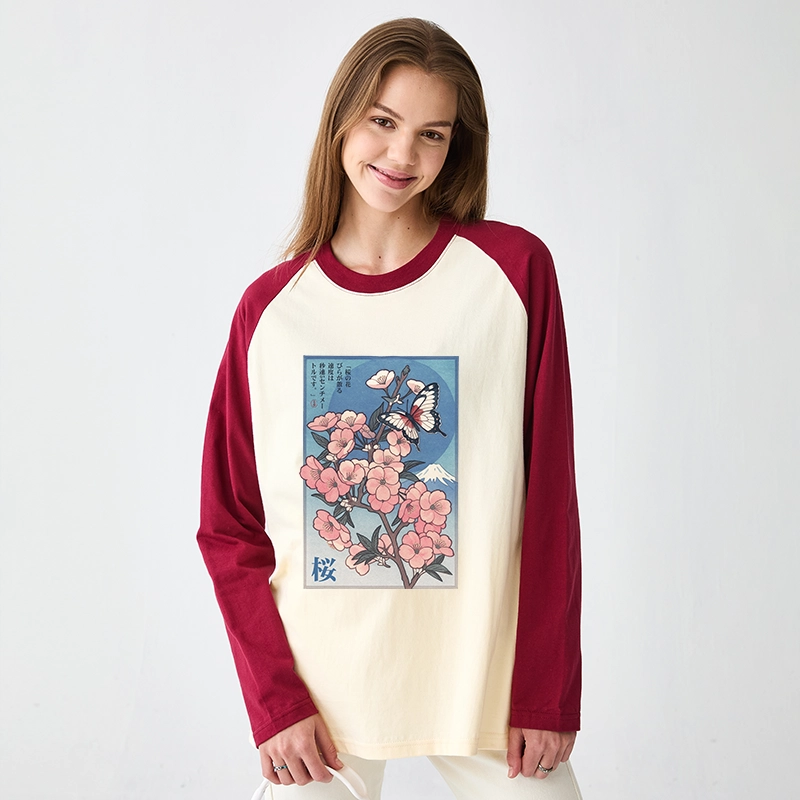 Tokyo-Tiger Ukiyoe Japanese Cherry blossoms Poster Raglan Long Sleeve T-shirt