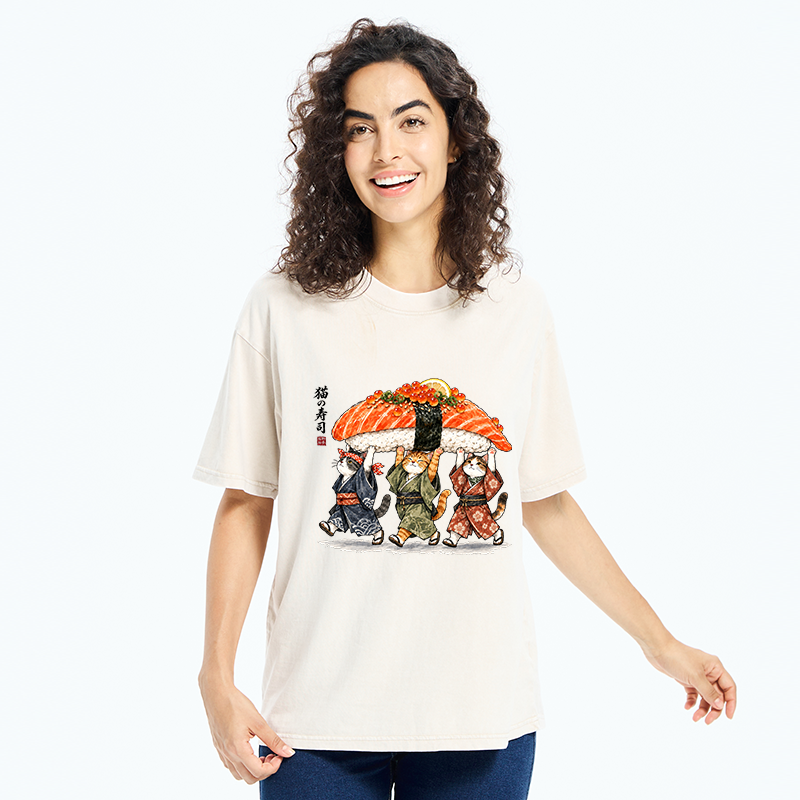 Tokyo-Tiger Funny Sushi Cat Crew Washed T-Shirt