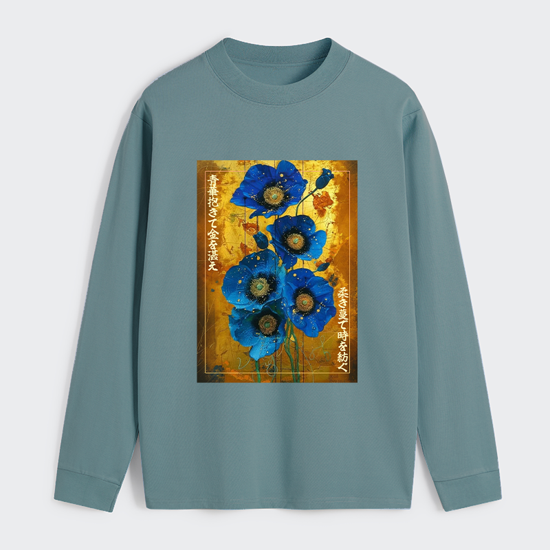 Tokyo-Tiger Shiny Blue Flower Warm Golden Background Classic Long Sleeve T-Shirt