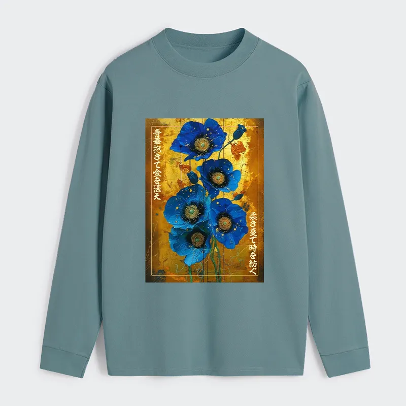 Tokyo-Tiger Shiny Blue Flower Warm Golden Background Classic Long Sleeve T-Shirt