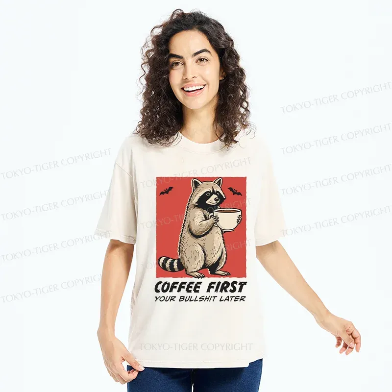 Tokyo-Tiger Raccoon Drinking Coffee Washed T-Shirt