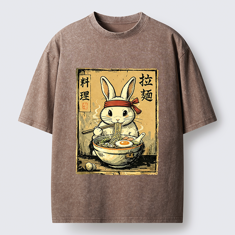 Tokyo-Tiger Cute Rabbit Eating Ramen Washed T-Shirt