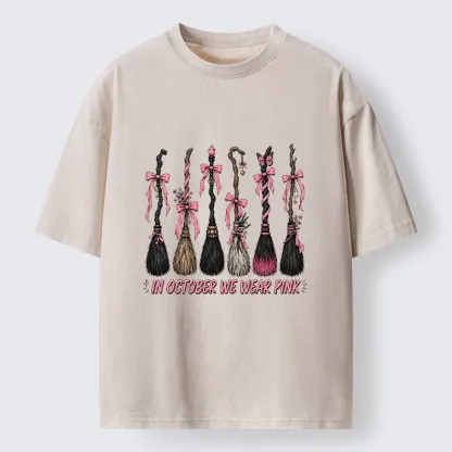 Tokyo-Tiger Witch Broom Breast Cancer Awareness Washed T-Shirt