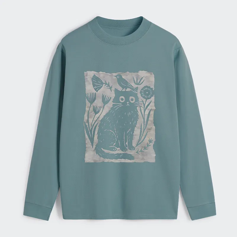 Tokyo-Tiger Folk Paper Cut Cat Bird Floral Art Classic Long Sleeve T-Shirt