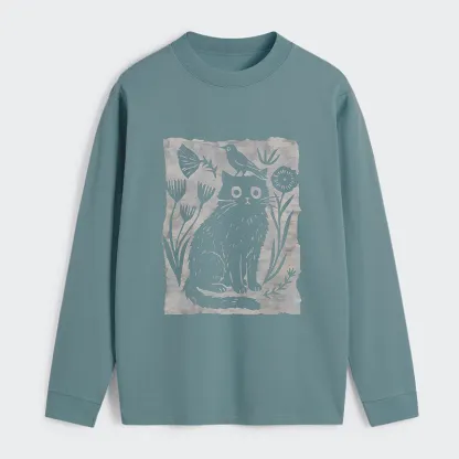 Tokyo-Tiger Folk Paper Cut Cat Bird Floral Art Classic Long Sleeve T-Shirt
