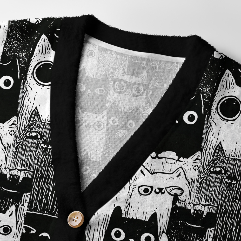 Tokyo-Tiger Cats In Monochrome Crowd Ugly Cardigan Sweater