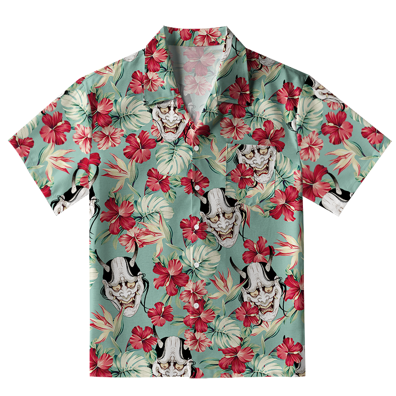 Tokyo-Tiger Oni Mask And Flower Aloha Hawaiian Shirt