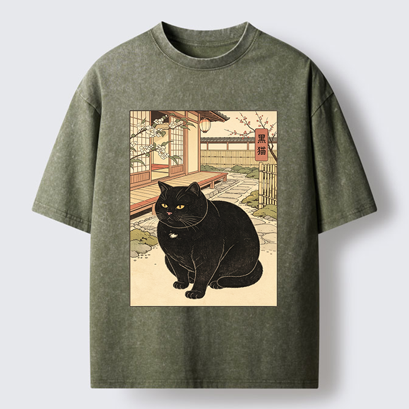 Tokyo‑Tiger Fat Cat In The Yard Washed T‑Shirt