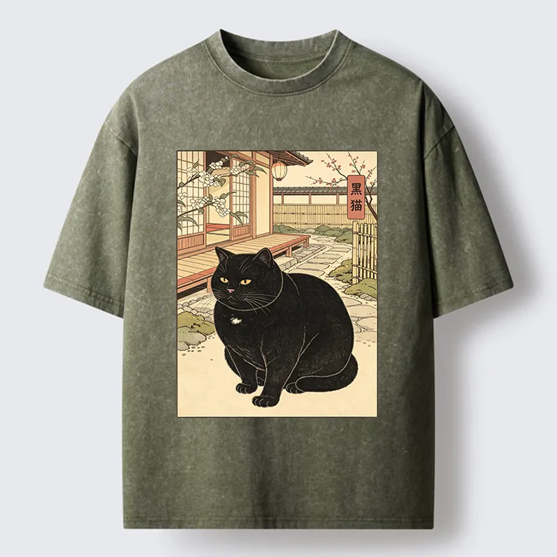 Tokyo‑Tiger Fat Cat In The Yard Washed T‑Shirt