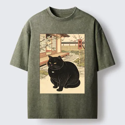 Tokyo‑Tiger Fat Cat In The Yard Washed T‑Shirt