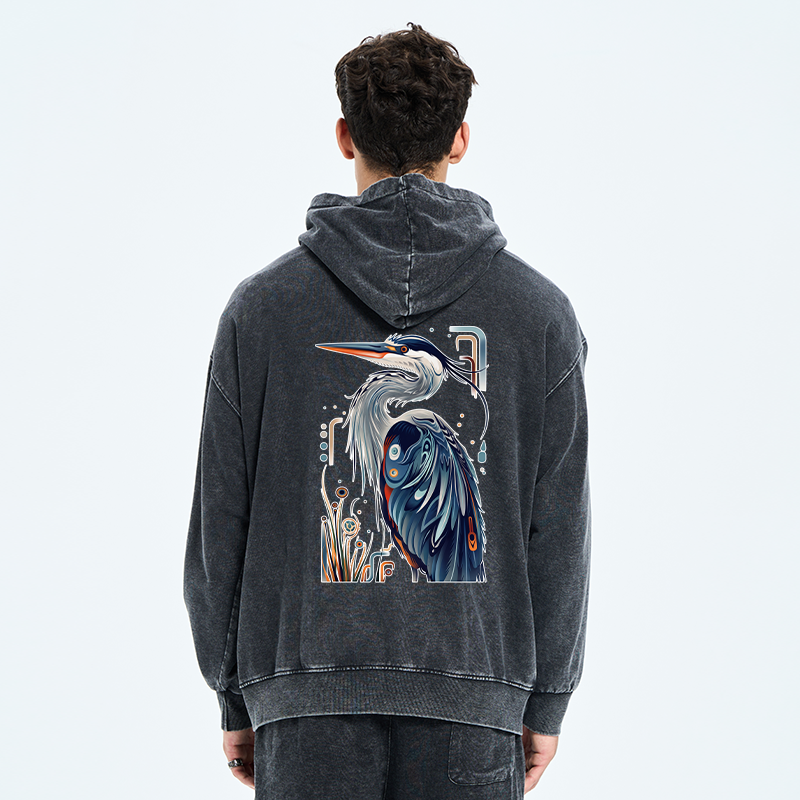 Tokyo-Tiger Stylish Blue Heron Washed Zip Hoodie
