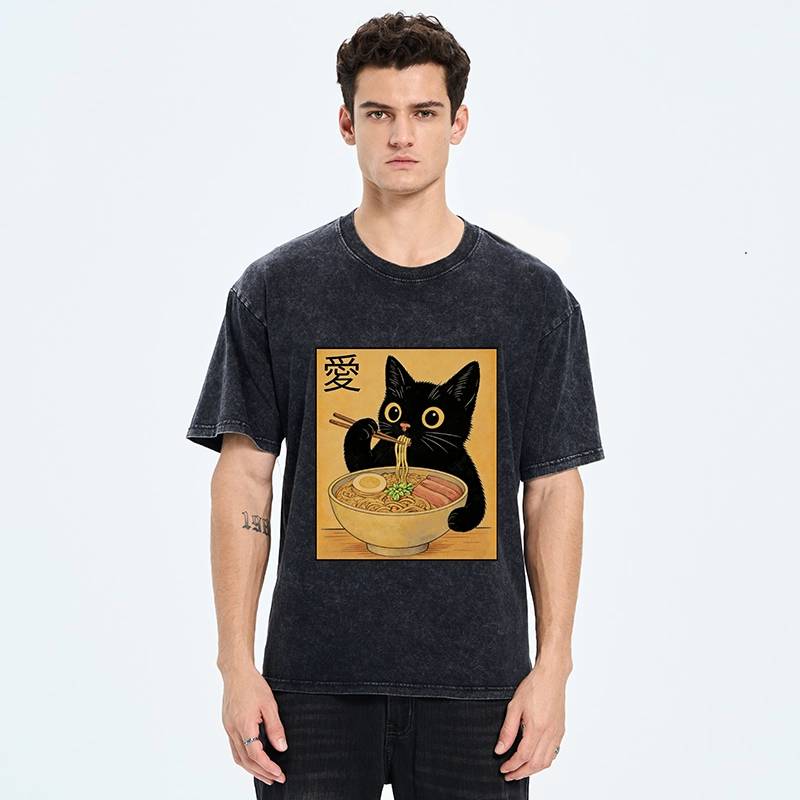 Tokyo-Tiger Cute Cat Eating Ramen Meme Washed T-Shirt