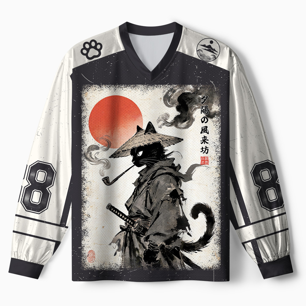 Tokyo-Tiger Japanese Sunset Wanderer Samurai cat Paneled Long Sleeve Jersey