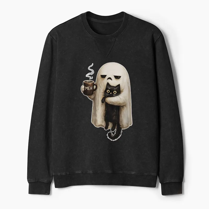 Tokyo-Tiger Ghost Cat Coffee Mood Washed Terry Sweatshirt