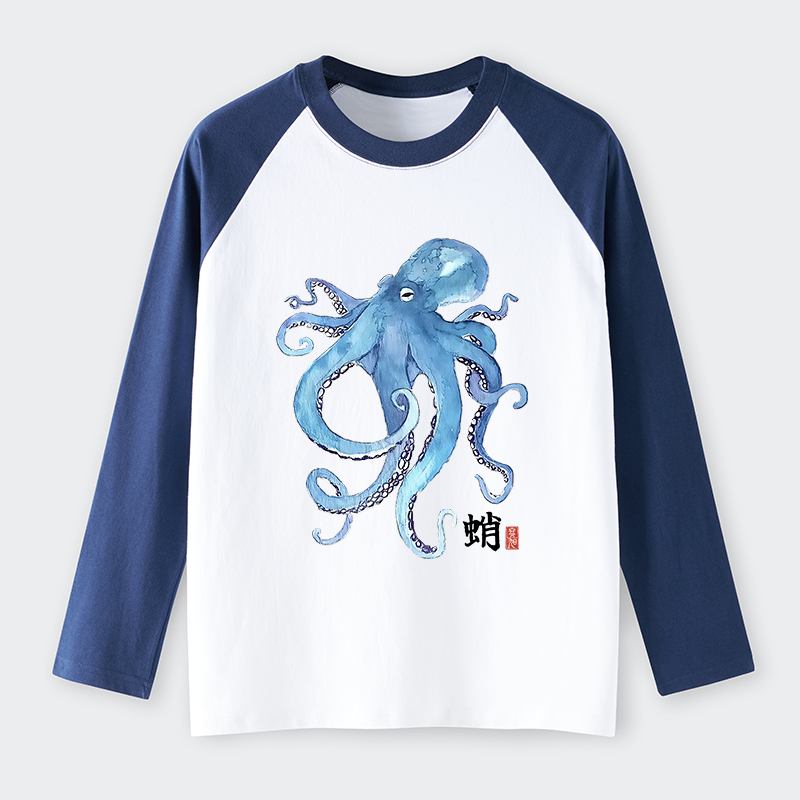 Tokyo-Tiger Watercolor Blue Octopus Raglan Long Sleeve T-shirt