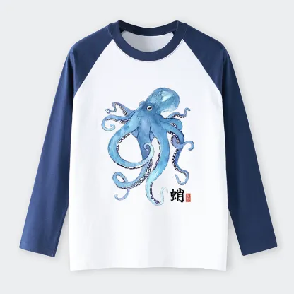 Tokyo-Tiger Watercolor Blue Octopus Raglan Long Sleeve T-shirt