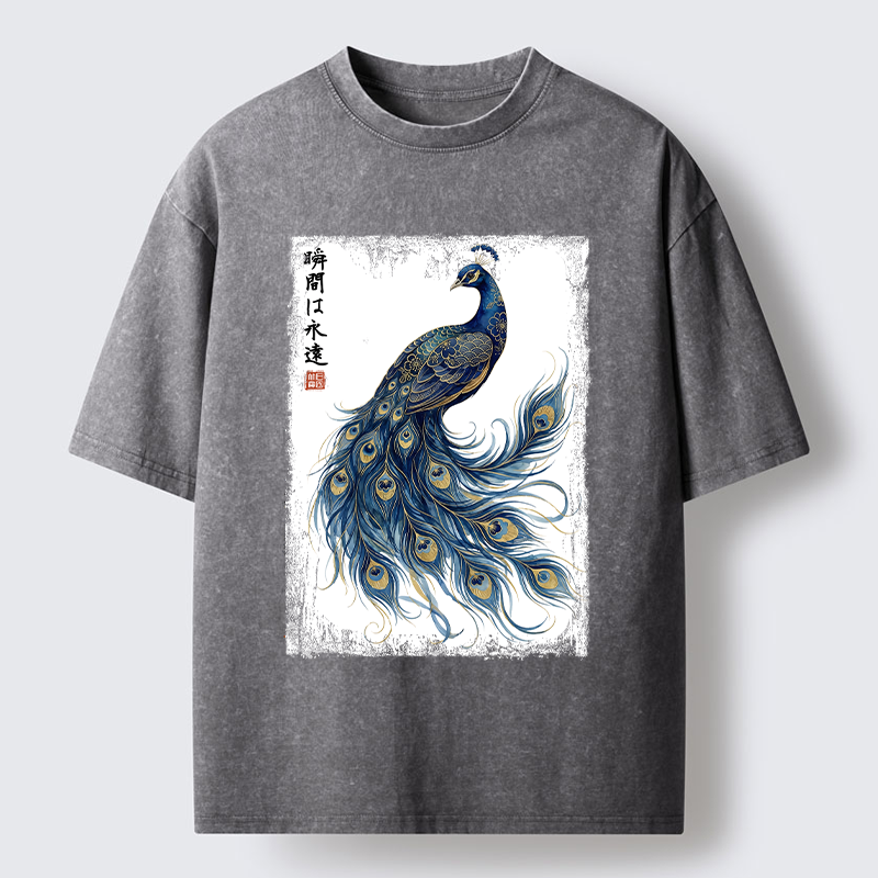 Tokyo-Tiger Elegant Peacock Art Washed T-Shirt