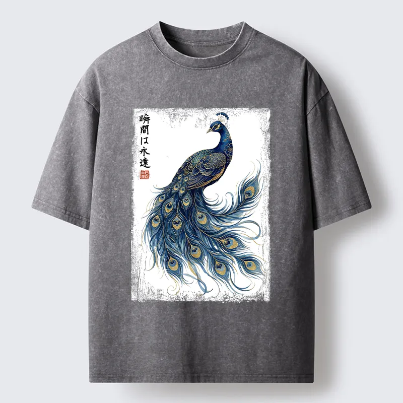 Tokyo-Tiger Elegant Peacock Art Washed T-Shirt