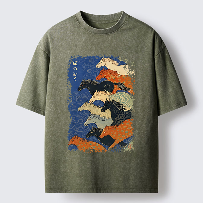 Tokyo-Tiger Vintage Japanese Running Horses Art Washed T-Shirt