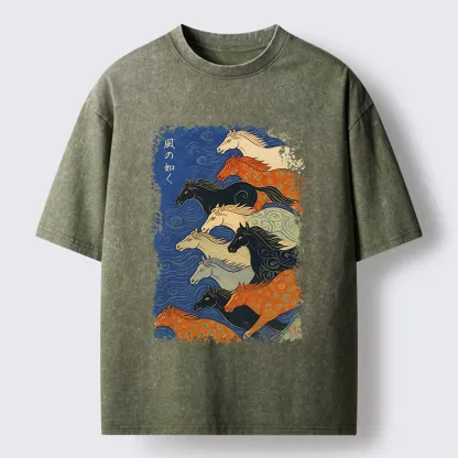 Tokyo-Tiger Vintage Japanese Running Horses Art Washed T-Shirt