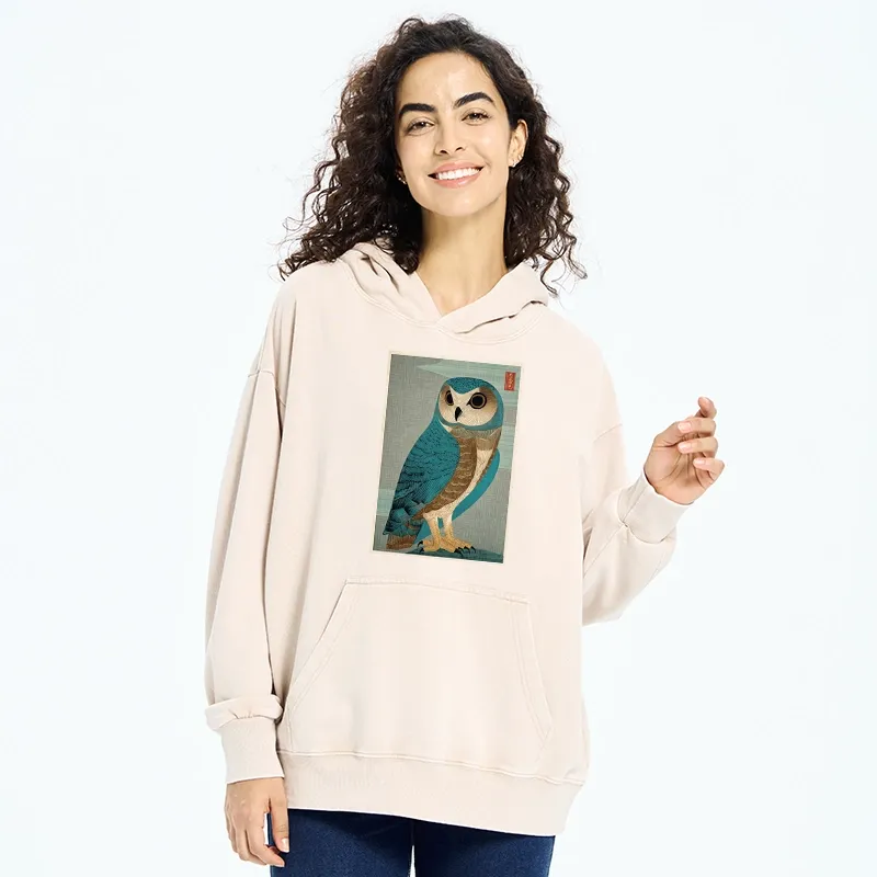 Tokyo-Tiger Vintage Owl Woodblock Art Washed Hoodie