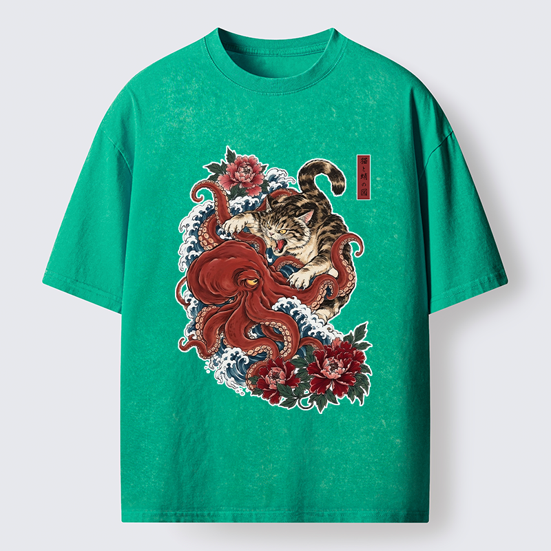 Tokyo-Tiger Ukiyo Style Cat Fighting Octopus Washed T-Shirt