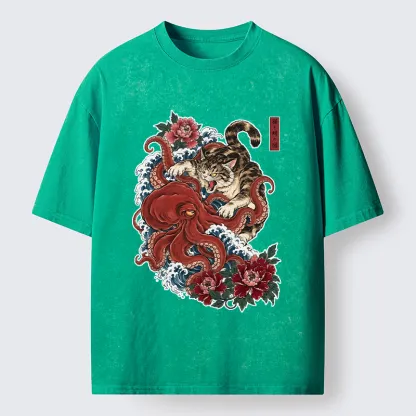 Tokyo-Tiger Ukiyo Style Cat Fighting Octopus Washed T-Shirt