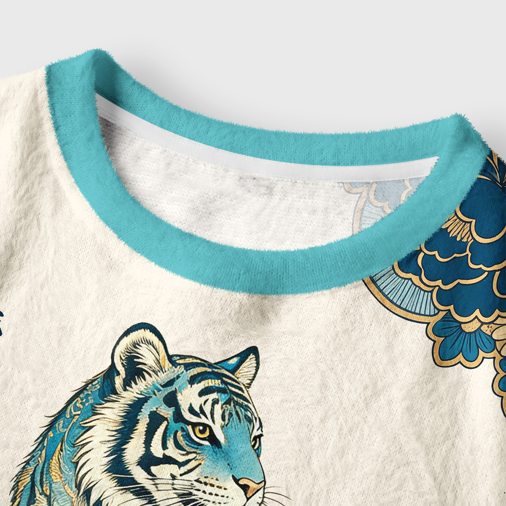 Tokyo-Tiger Cloud‑Resting Floral Women's Fuzzy Cropped Sweatshirt