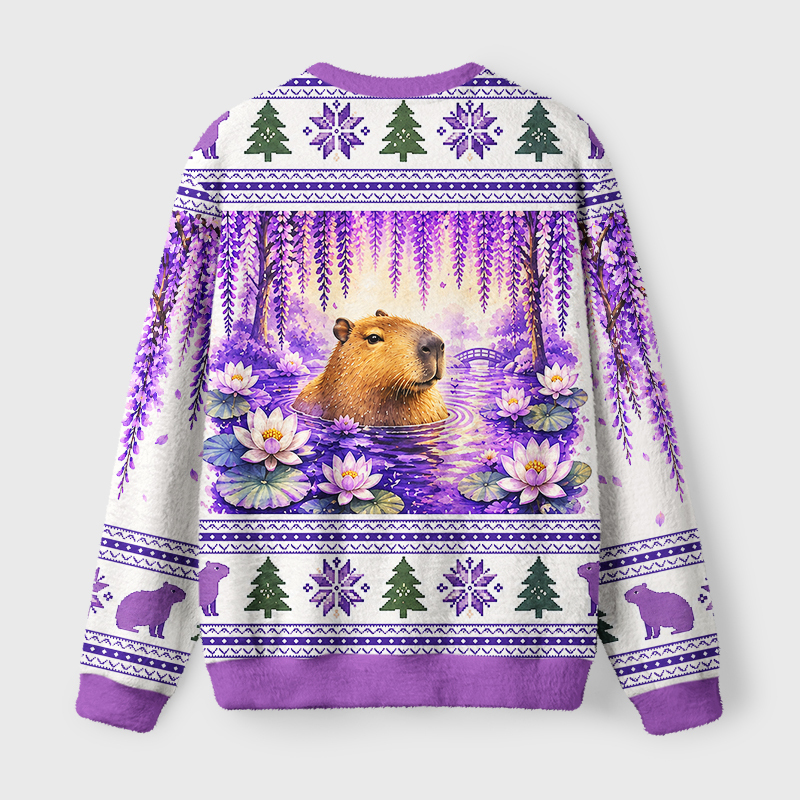 Tokyo-Tiger Purple Wisteria Capybara Fuzzy Christmas Ugly Sweatshirt