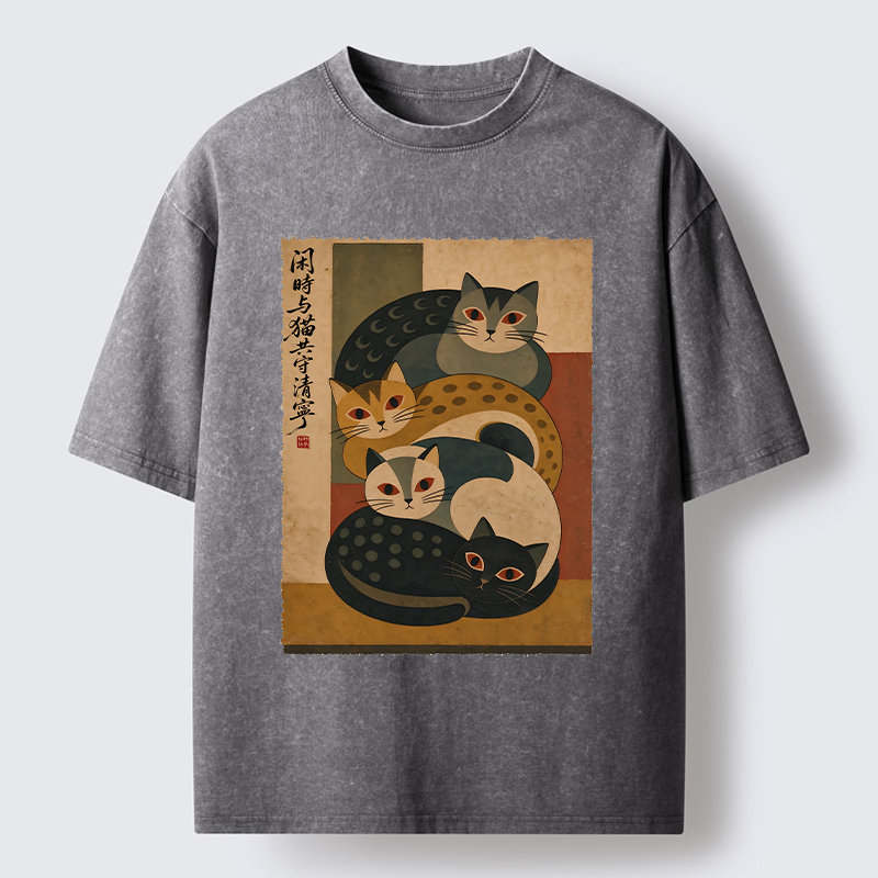 Tokyo-Tiger Retro Stack Cat Art Washed T-Shirt