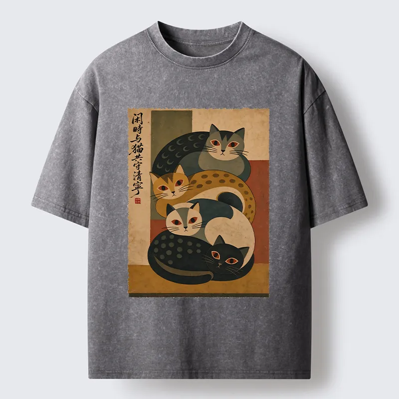 Tokyo-Tiger Retro Stack Cat Art Washed T-Shirt