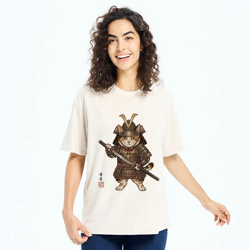 Tokyo-Tiger Samurai Cat With Katana Sword Washed T-Shirt