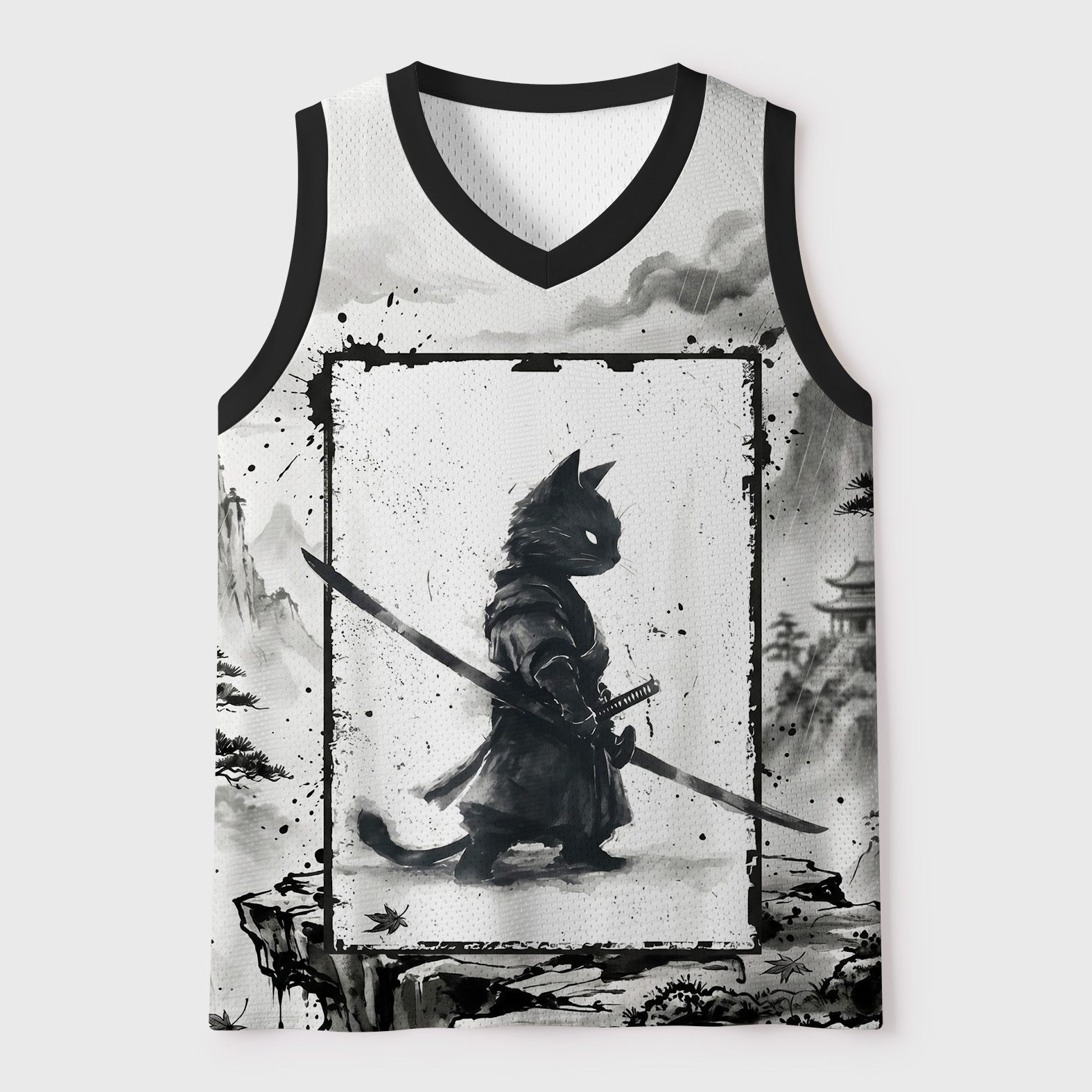 Tokyo-Tiger Ink Painting:Retro Cat Samurai Japanese Mesh Tank Top