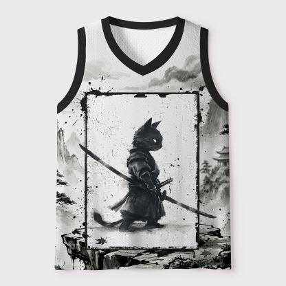 Tokyo-Tiger Ink Painting:Retro Cat Samurai Japanese Mesh Tank Top