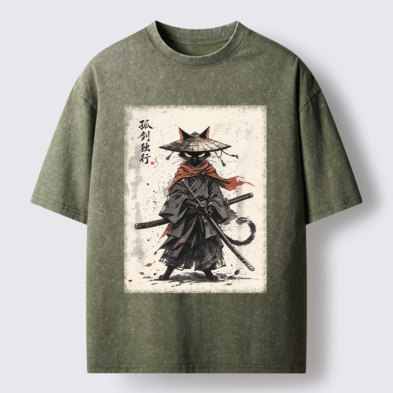 Tokyo-Tiger Lone Samurai Cat Ink Art Washed T-Shirt