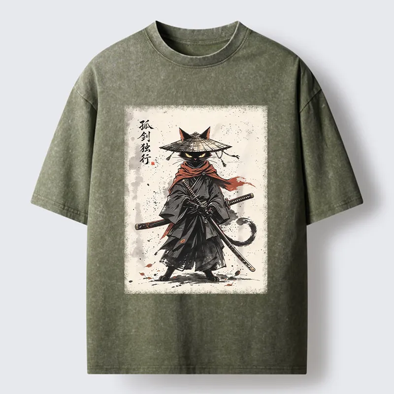 Tokyo-Tiger Lone Samurai Cat Ink Art Washed T-Shirt
