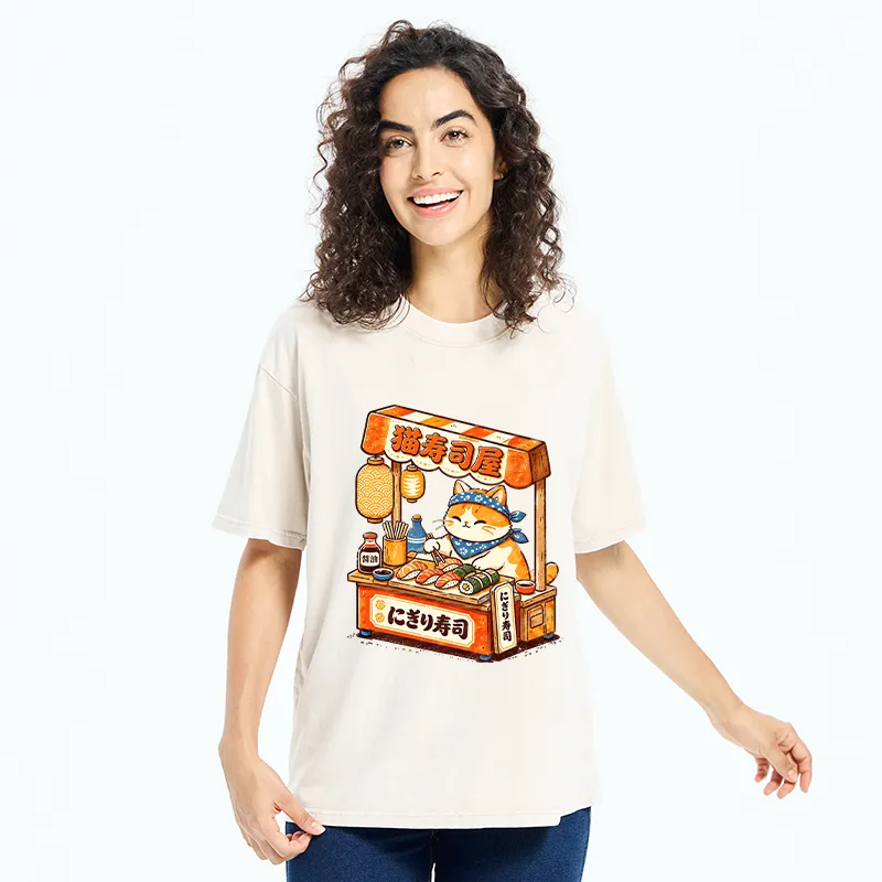 Tokyo-Tiger Cute Cat Running A Sushi Stall Washed T-Shirt