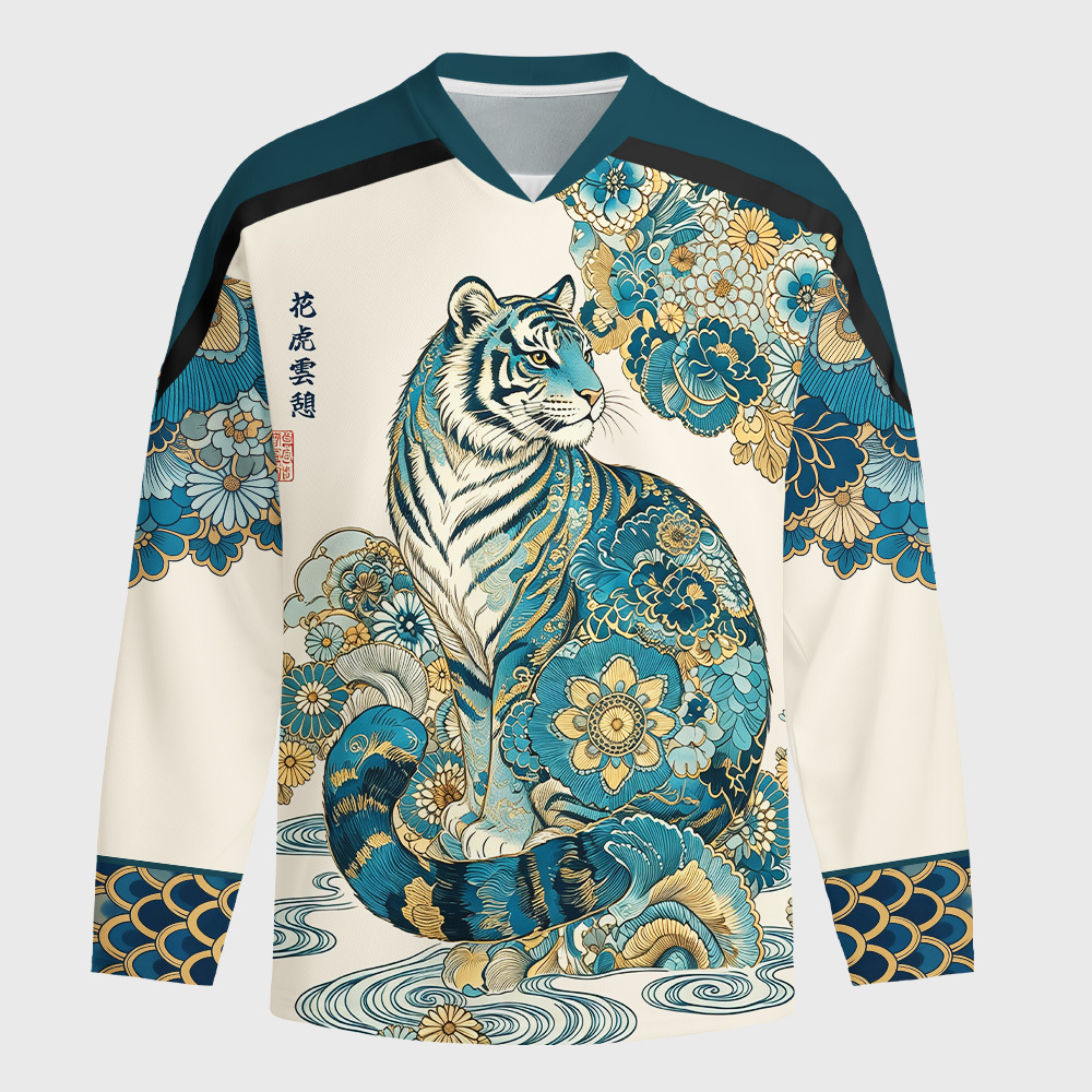 Tokyo-Tiger Cloud‑Resting Floral Long-Sleeve Hockey Jersey