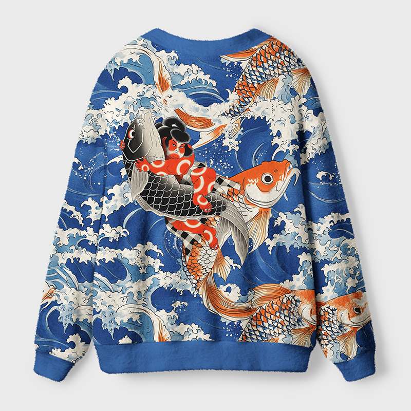 Tokyo-Tiger Sumo Wrestler Holding A Koi Ugly Cardigan Sweater